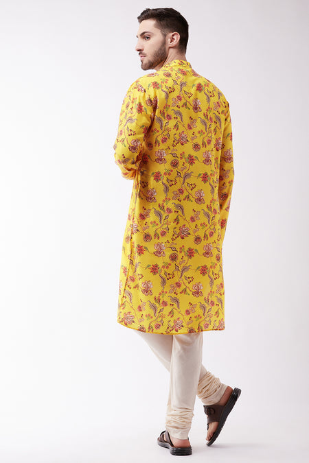 Vastramay Multicolor-Base-Mustard And Cream Baap Beta Kurta Set